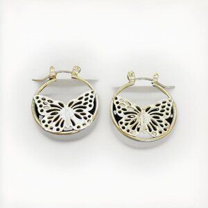 Silver Tone Filigree Butterfly 1 inch Hoop Pierced Earrings Hinged Closure